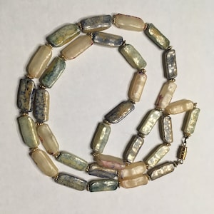 Vintage Art Deco Celluloid Necklace Painted Plastic Beads Beaded Earthy Nature Green White Tan