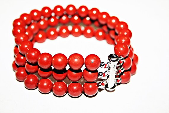 Triple Strand Red Coral and Silver pewter Beads with Custom Clasp