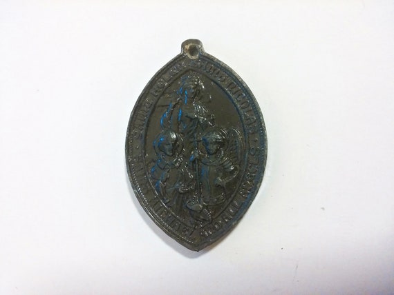 Large Antique Lacquered Grey Religious Pendant Cr… - image 8