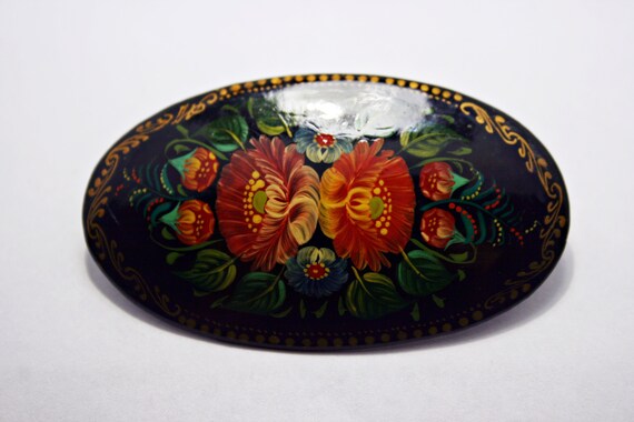 Vintage Russian Lacquer Brooch - Red Flower - Han… - image 4