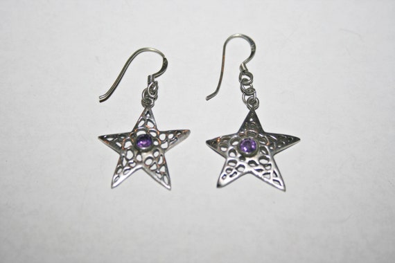 Vintage Sterling Silver Amethyst Star Drop Earrin… - image 3