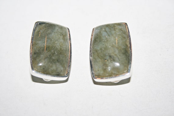 Big Sterling Silver Green Stone Clip on Earrings - image 1