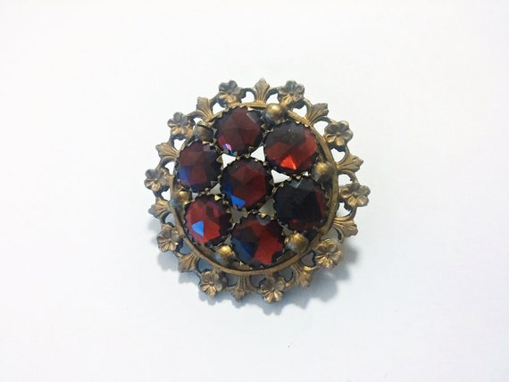 Antique Victorian Vauxhall Glass Brooch - Garnet … - image 1