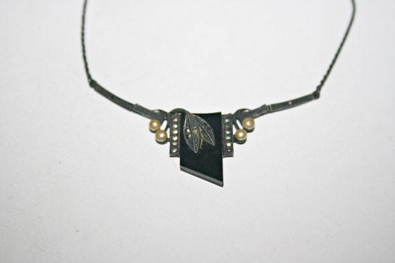 Antique Art Deco Onyx and Marcasite Sterling Silv… - image 1