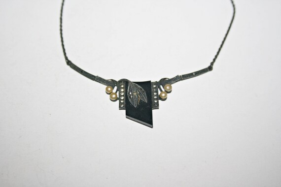 Antique Art Deco Onyx and Marcasite Sterling Silv… - image 7