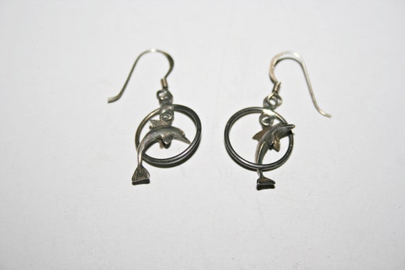 Vintage Sterling Silver Dolphin Drop Earrings - image 1