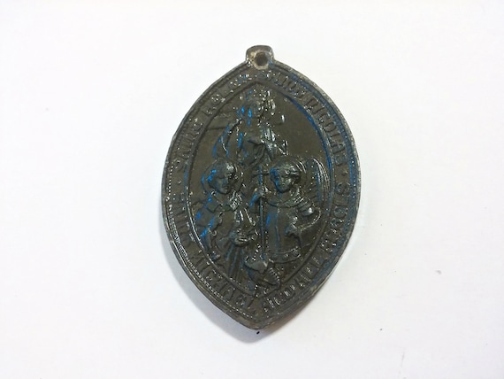 Large Antique Lacquered Grey Religious Pendant Cr… - image 1