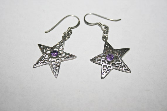 Vintage Sterling Silver Amethyst Star Drop Earrin… - image 7