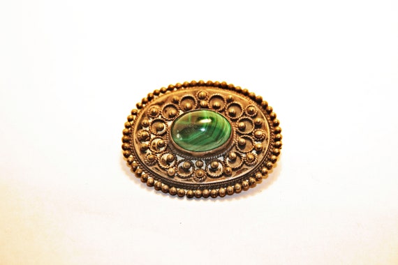 Antique Victorian 800 Silver and Malachite Brooch - image 1