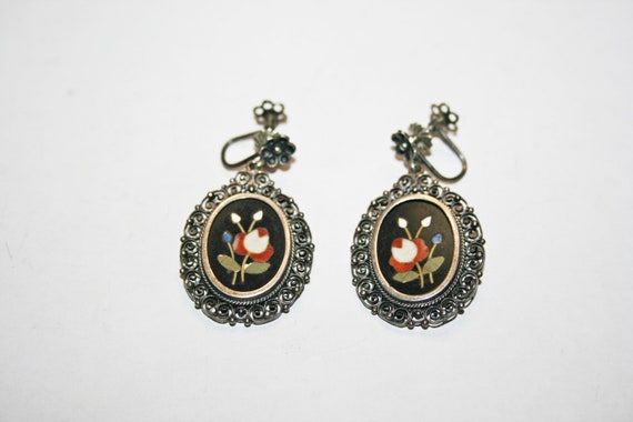 Antique Pietra Dura Floral Screw Back Earrings - image 6