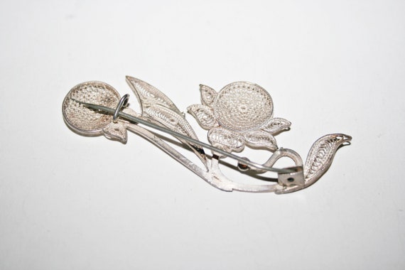 Vintage Sterling Silver Floral Filigree Brooch - image 3