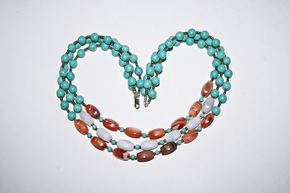 Vintage Boho Chunky Carnelian and Turquoise Blue … - image 1