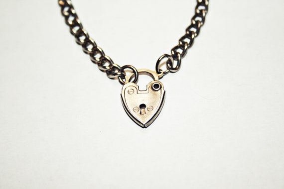 5" Antique Victorian Silver Tone Heart Padlock Ch… - image 3