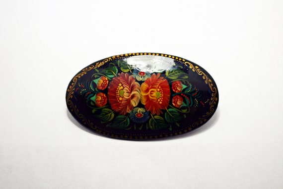 Vintage Russian Lacquer Brooch - Red Flower - Han… - image 5