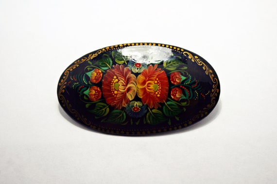 Vintage Russian Lacquer Brooch - Red Flower - Han… - image 1