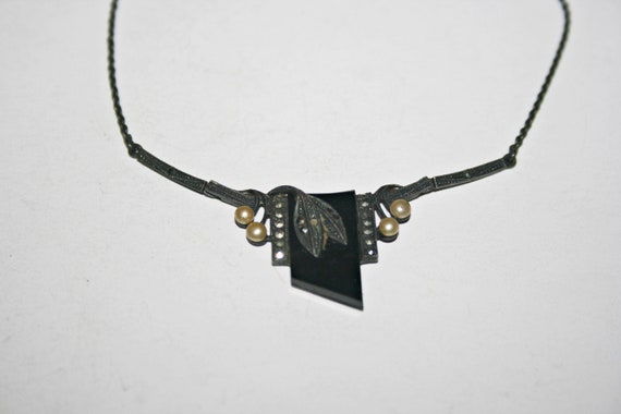 Antique Art Deco Onyx and Marcasite Sterling Silv… - image 5
