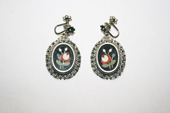 Antique Pietra Dura Floral Screw Back Earrings - image 1