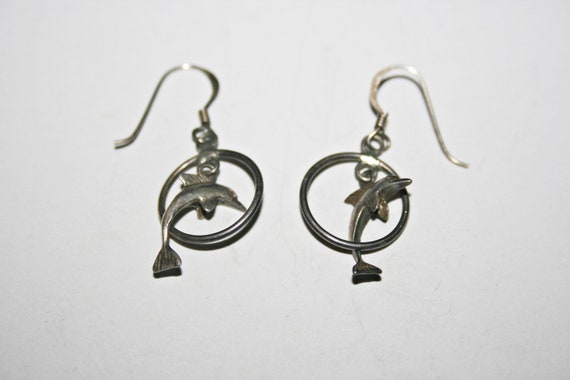 Vintage Sterling Silver Dolphin Drop Earrings - image 3