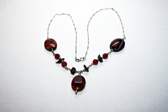 Vintage Sterling Silver Agate and Carnelian Neckl… - image 1