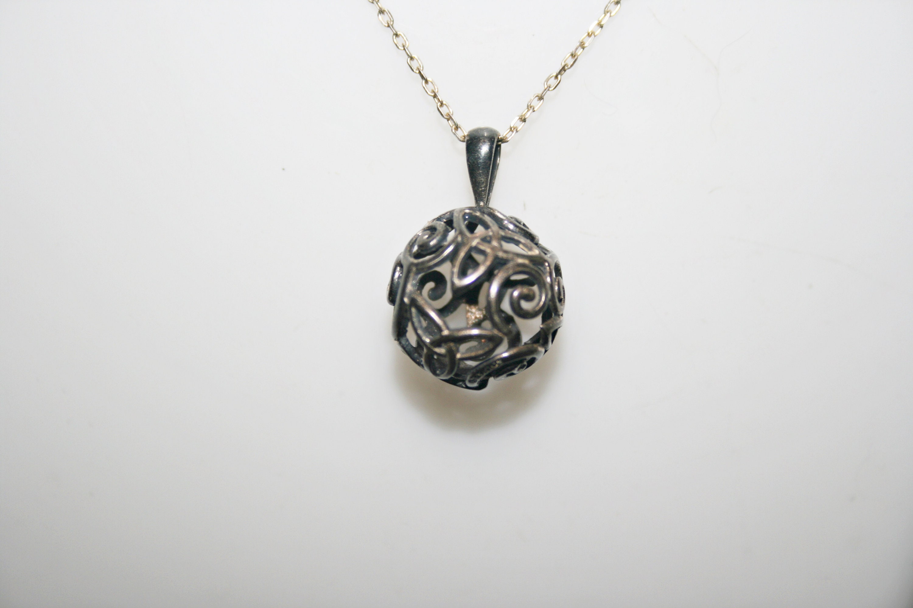 Vintage Sterling Silver Filigree Ball Pendant Necklace Etsy