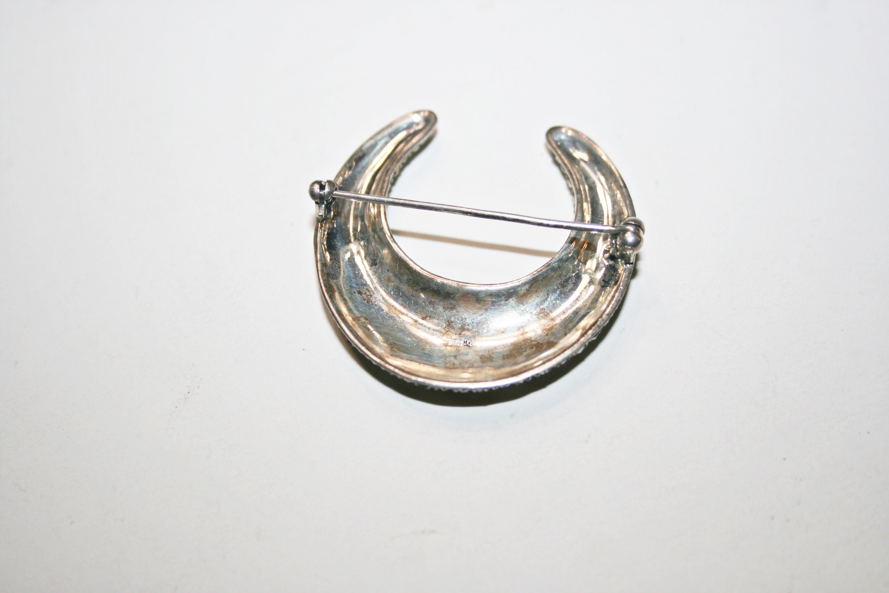 Large Vintage Sterling Silver Marcasite Deco Style Crescent