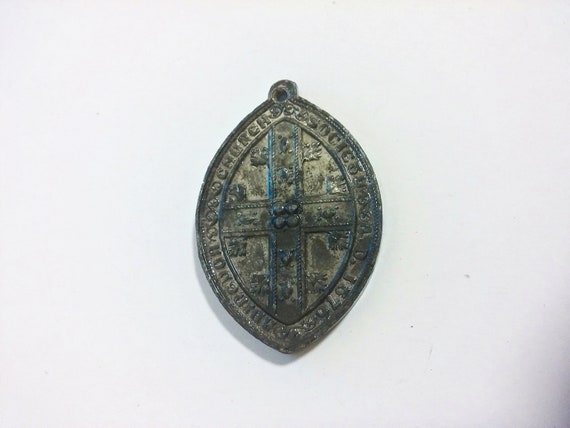 Large Antique Lacquered Grey Religious Pendant Cr… - image 2