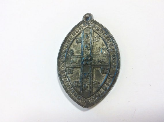 Large Antique Lacquered Grey Religious Pendant Cr… - image 6