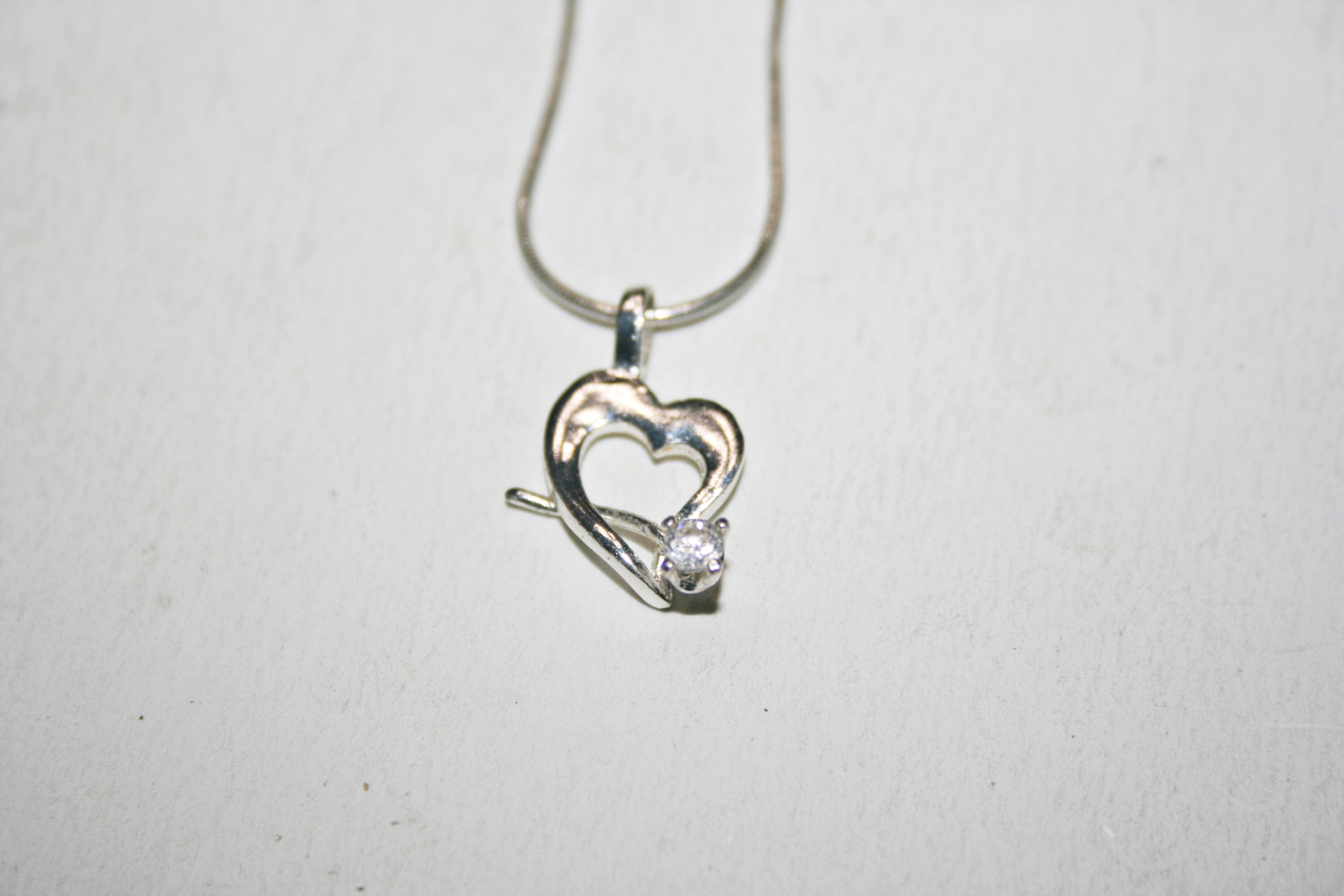Vintage Sterling Silver Clear Crystal Heart Pendant Necklace