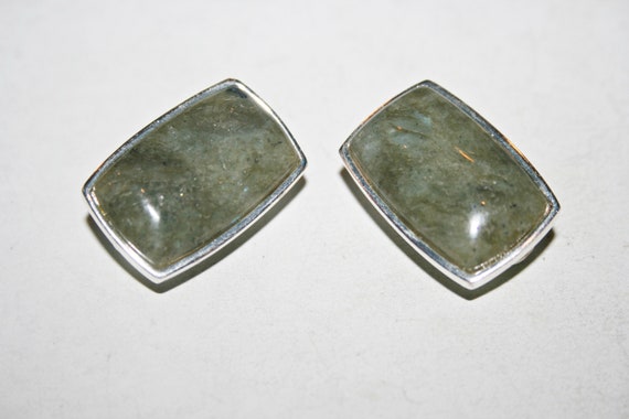 Big Sterling Silver Green Stone Clip on Earrings - image 4