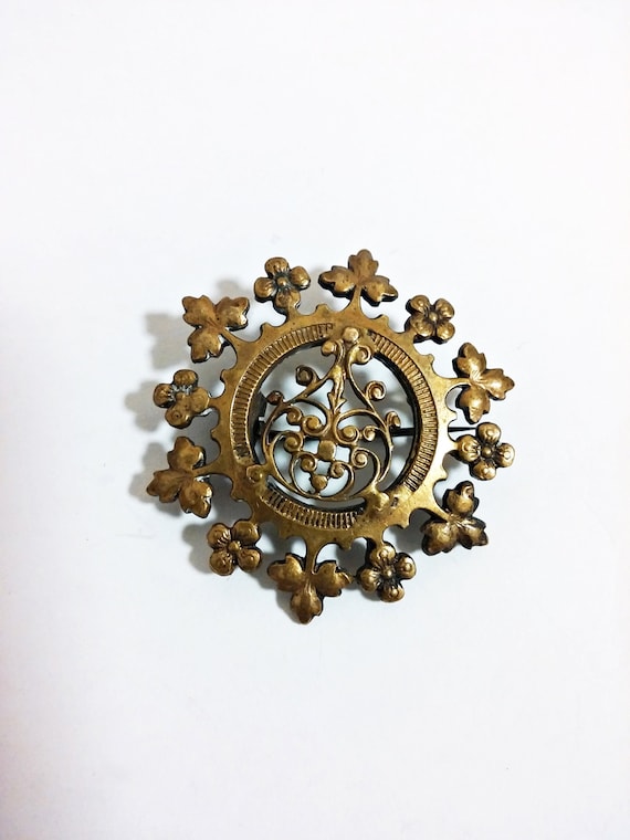 Antique Victorian Gothic Brass Brooch Cathedral - 