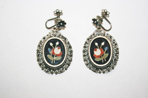 Antique Pietra Dura Floral Screw Back Earrings - image 5