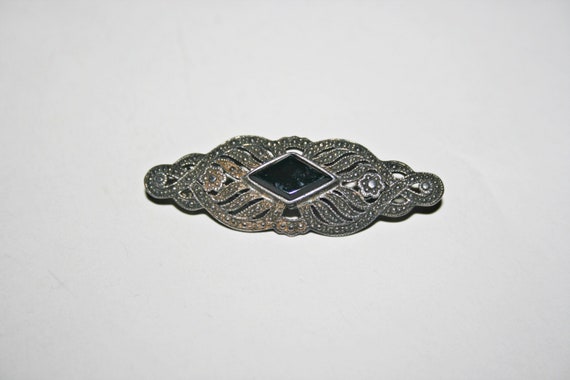 Vintage Sterling Silver Marcasite Brooch - image 1