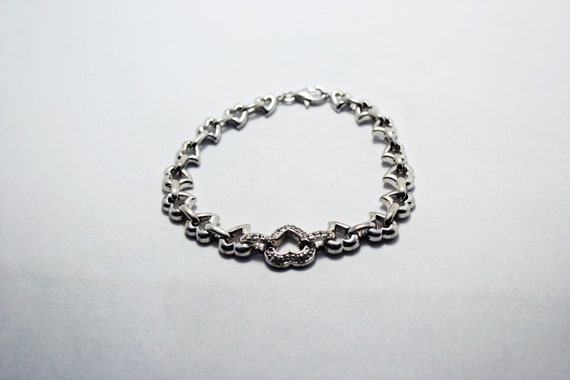 Vintage Sterling Silver Heart Shaped Chain Bracel… - image 9