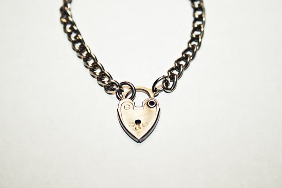 5" Antique Victorian Silver Tone Heart Padlock Ch… - image 4