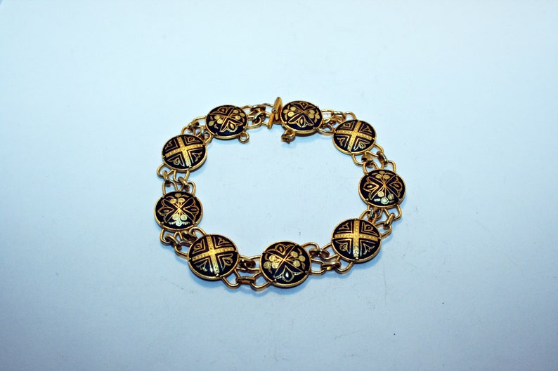 Vintage Damascene Panel Bracelet with Gold Plated Bezels