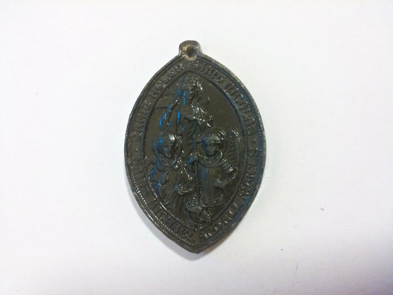 Large Antique Lacquered Grey Religious Pendant Cr… - image 7