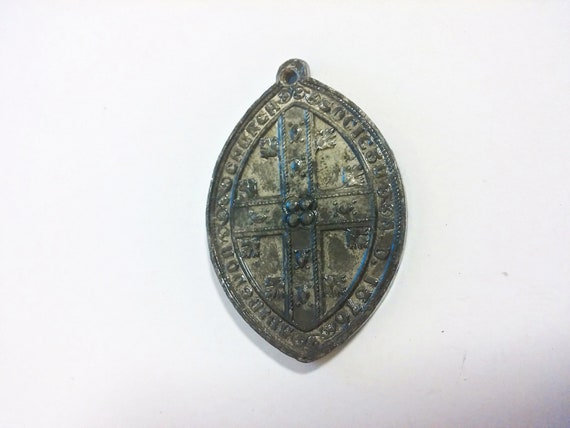 Large Antique Lacquered Grey Religious Pendant Cr… - image 5