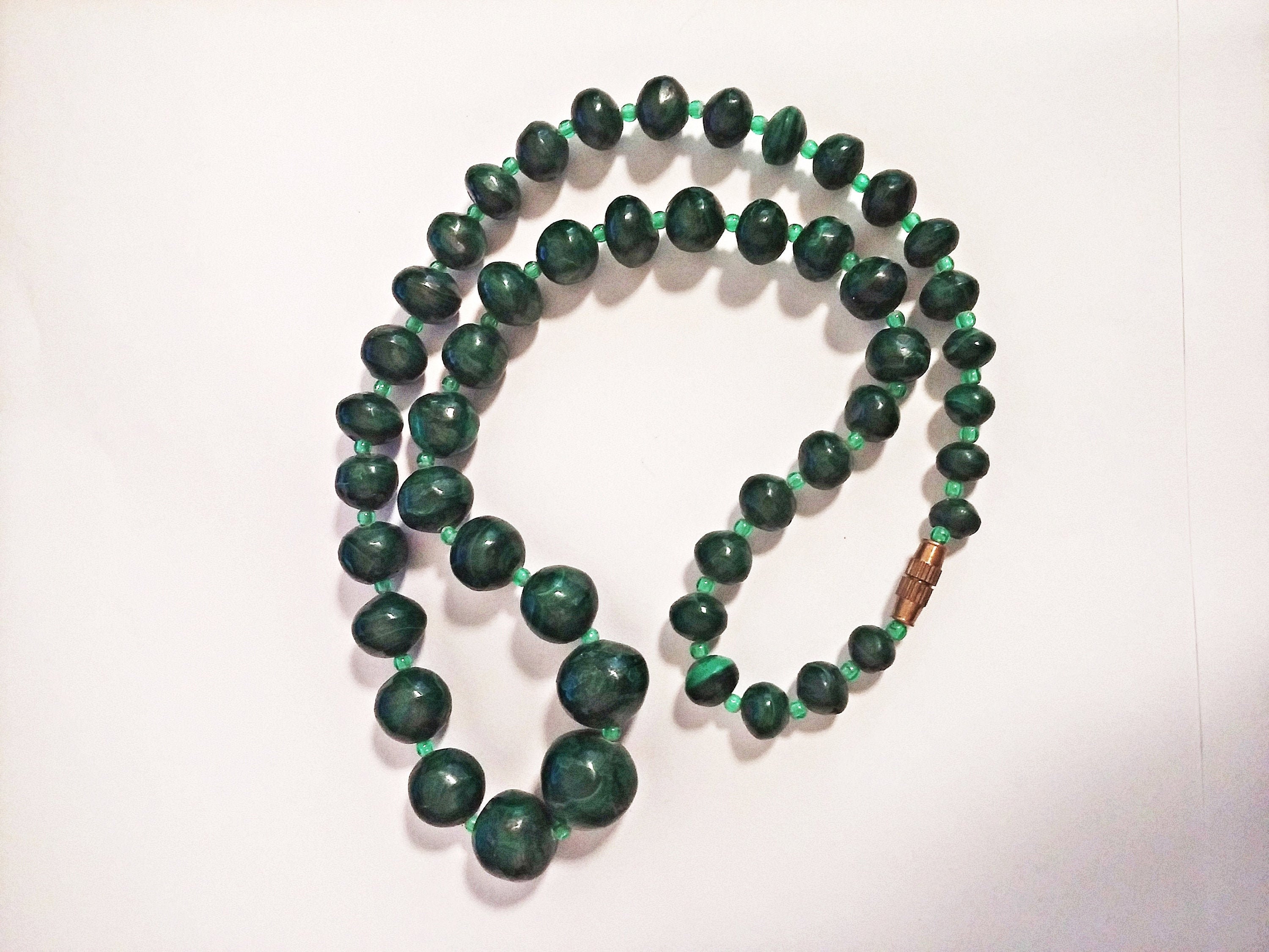 c1930s - Antique Art Deco Malachite Necklace - 21.5 Inches Long