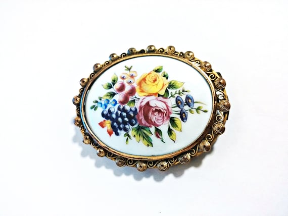 Large antique Limoges Porcelain Flower Brooch - Ci