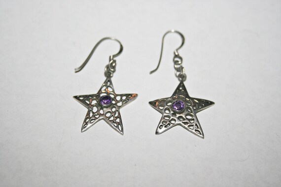 Vintage Sterling Silver Amethyst Star Drop Earrin… - image 4