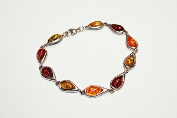 Vintage Sterling Silver and Baltic Amber Link Bra… - image 1