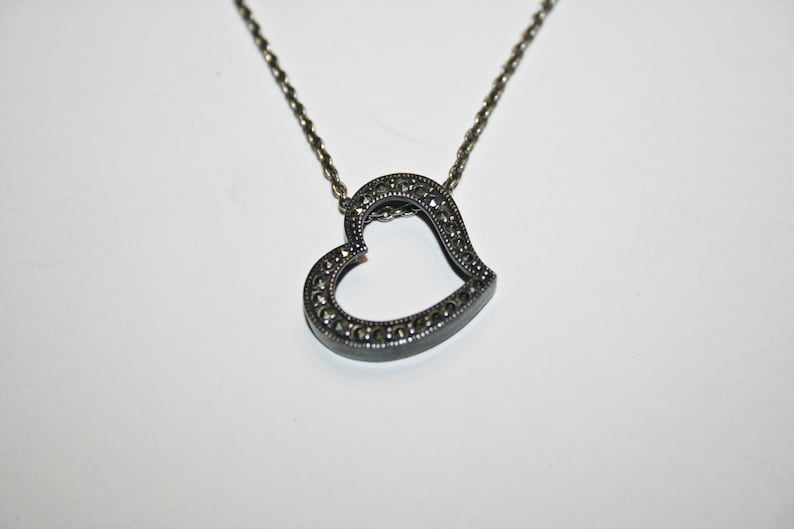 Vintage Sterling Silver Marcasite Heart Pendant Necklace