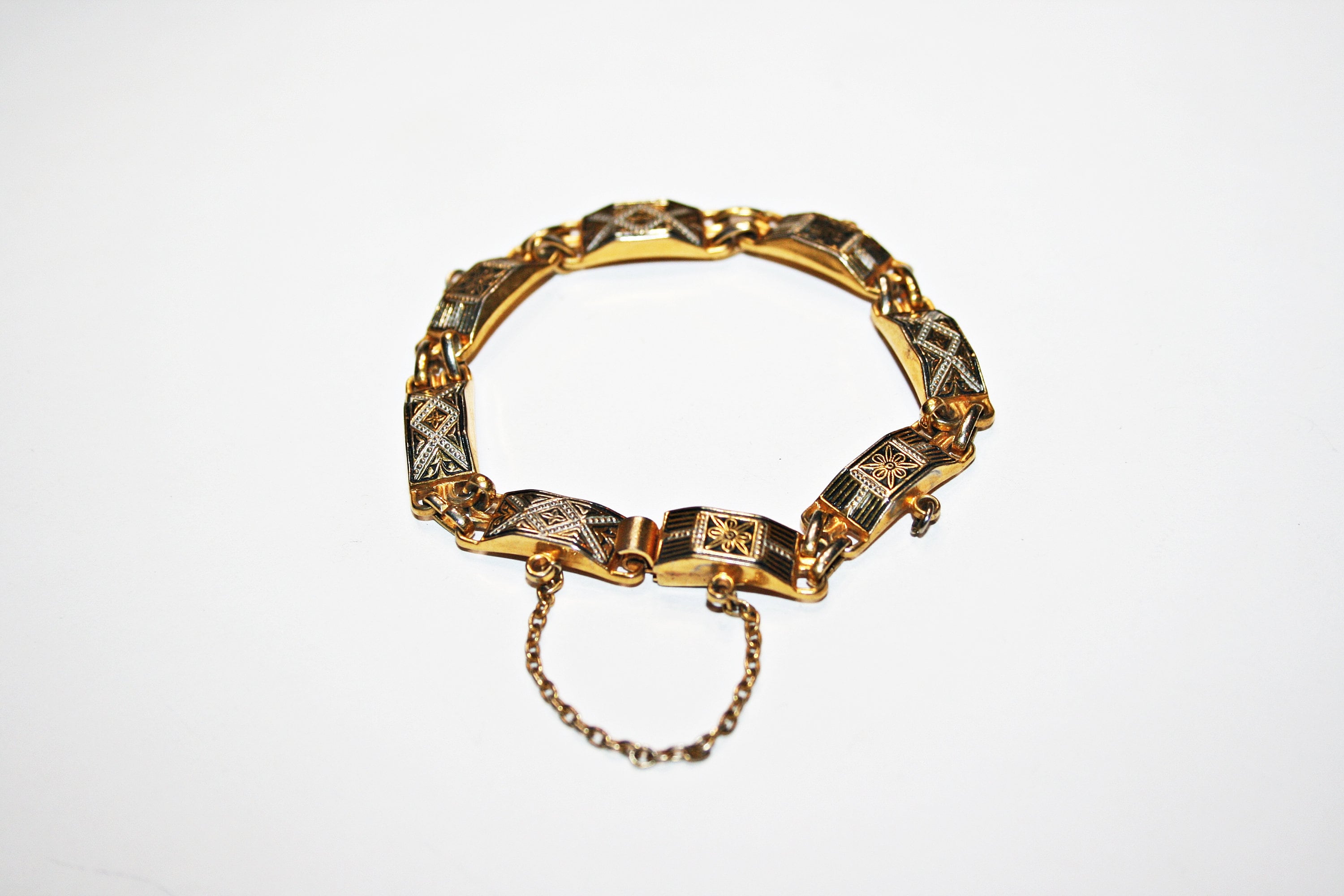 Vintage Faux Damascene Panel Bracelet Toledo Spain Birds