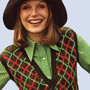 May include: A brown knitted waistcoat with a V-neck and a diamond pattern in red and green.