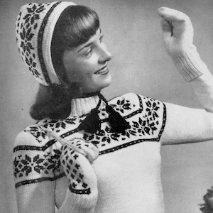 Vintage jaren 1940 breipatroon trui muts en wanten set jaren 40 trui patroon Fair Isle Stranded Knitting Land Girls Home Fires War Era