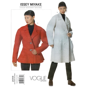 May include: A Vogue Patterns fashion design featuring two women modeling coats. One coat is a bright red, the other is a light gray. The text "ISSEY MIYAKE" and "VOGUE PATTERNS" are visible.