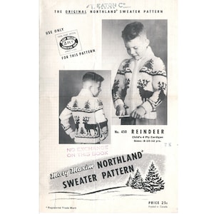 Mary Maxim 450 Reindeer 1950s Bulky Knit Cardigan Sweater Graph Style Pattern Vintage Shawl Collar Cowichan Sweater Fifties Children