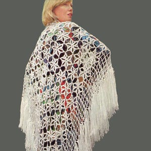 1970s Crochet Pattern: Star Motif Lace Shawl with Long Fringe (PDF Pattern