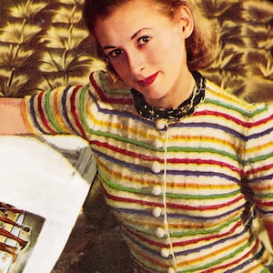 Vintage 1940s Striped Sweater Knitting Pattern from 1947 Stitchcraft Magazine Wartime Knitting Forties Knits Home Fires WWII War Era Jumper
