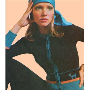 Vintage Seventies1970s Knitting Pattern for Ribbed Cardigan with Striped Border and Embroidered Scottie Dogs Inspired by 1940s Sweaters